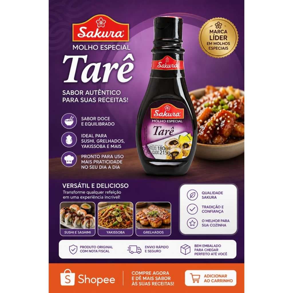 Molho Tare Sakura 180ml - Encorpado, Adocicado, Versátil para Sushis e Grelhados Tarê