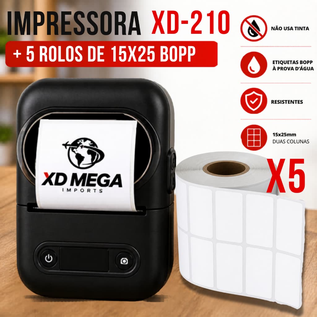 1 impressora XD-210 PT260 + 5 ROLOS ETIQUETA A PROVA D'ÁGUA DUPLA 15X25