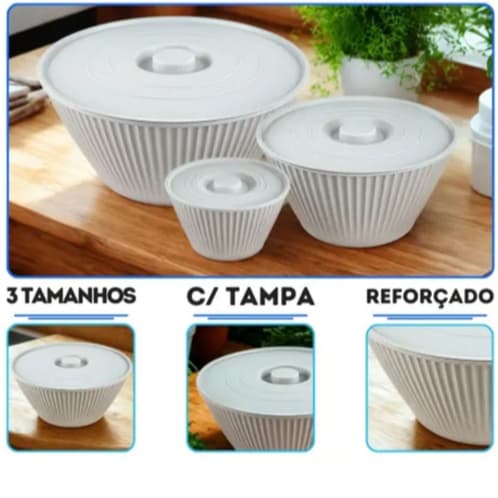 Kit Conjunto 3 Potes Com Tampa Bowl Tigela /Saladeira canelado resistente 3 Tamanhos P-M-G
