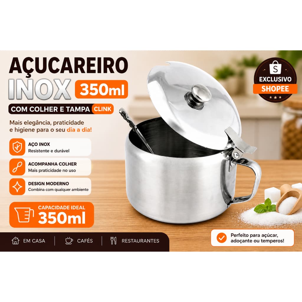 Açucareiro Inox 350ml com Colher e Tampa Clink – Pote para Açúcar Elegante e Durável