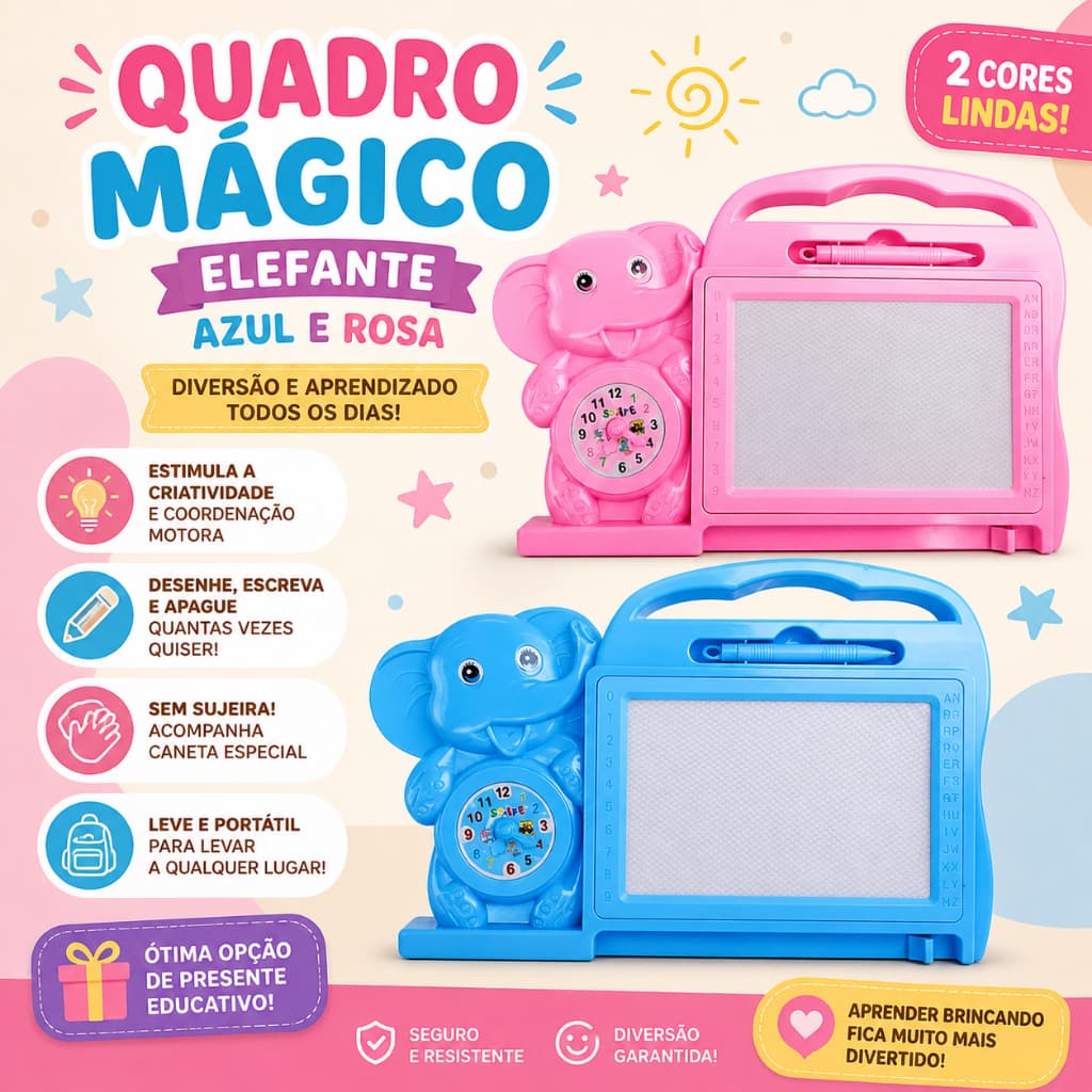 Quadro Mágico Infantil Lousa Educativa Elefante Azul e Rosa – Brinquedo de Desenho e Aprendizado