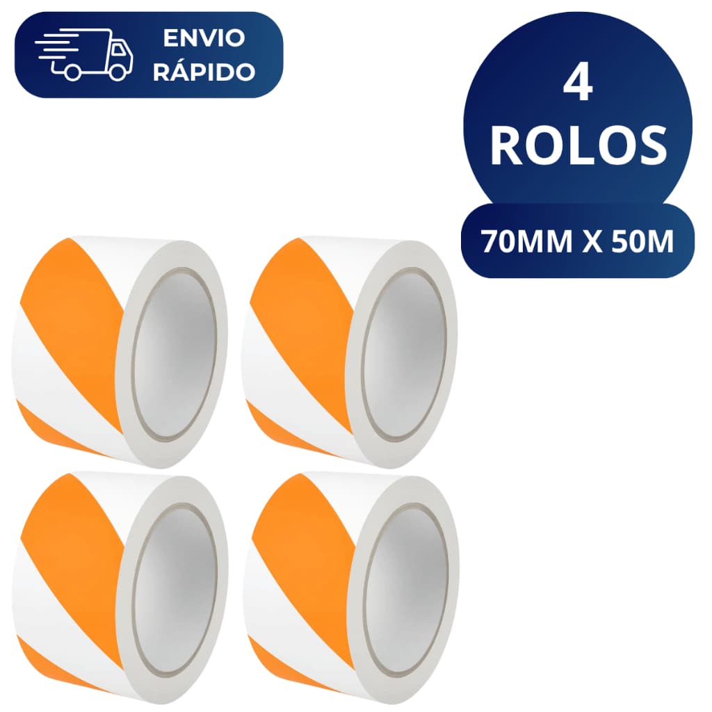 Kit 4 Fita Zebrada Laranja e Branca 70mm X 50 Metros Para Isolamento Sinalização Interdição Obras