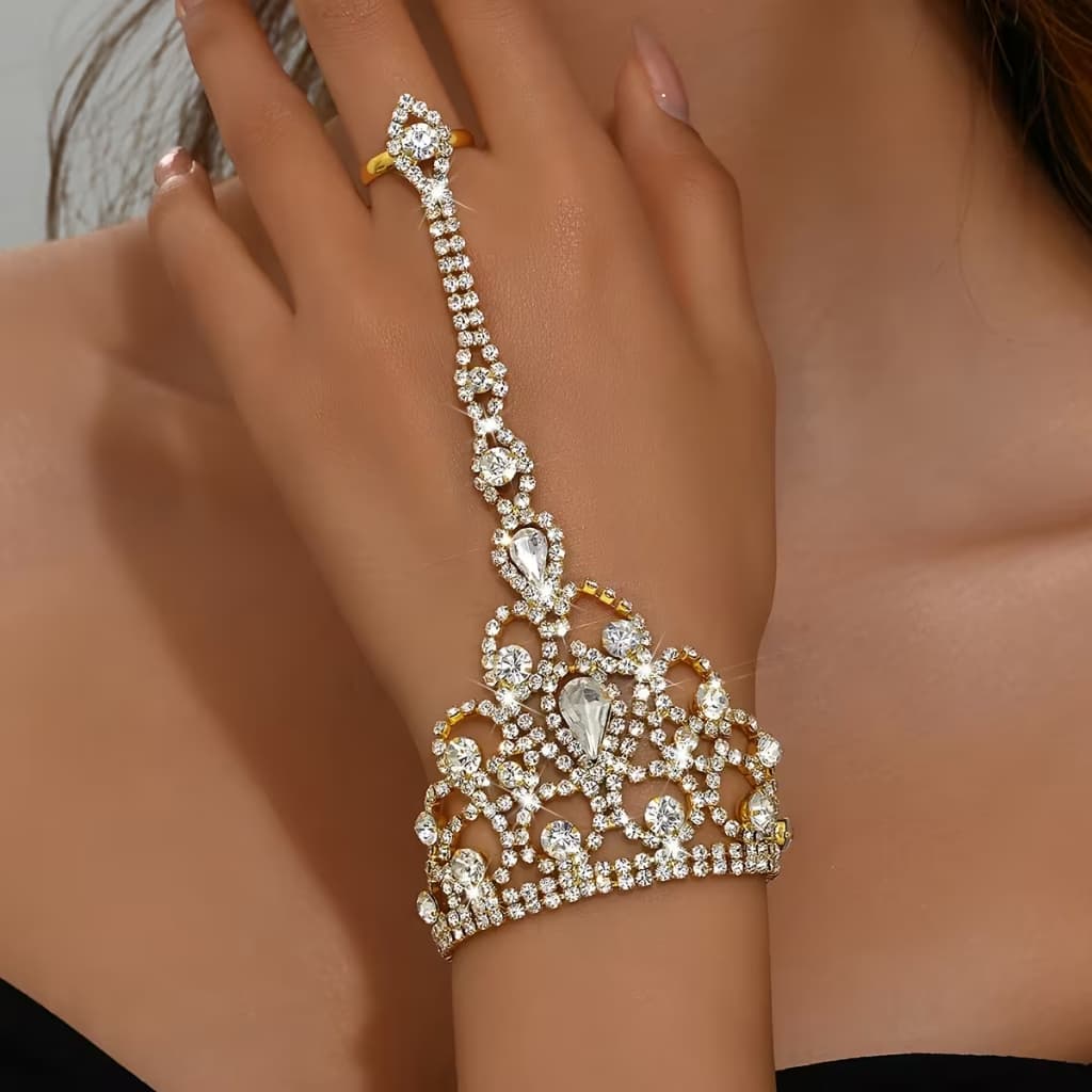 Anel Pulseira de Strass DOURADO Feminino Fashion, Corrente de Pulso Brilhante, Pulseira, Dedo de Strass Ajustável