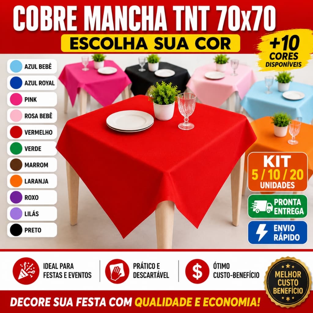 Kit 5/10/20 Toalhas de mesa TNT cobre mancha festa casamento comemoração 70x70