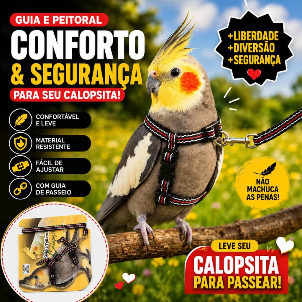 COLEIRA PARA CALOPSITA | PEITORAL PARA CALOPSITA COM GUIA | PEITORAL AJUSTÁVEL PARA PÁSSAROS