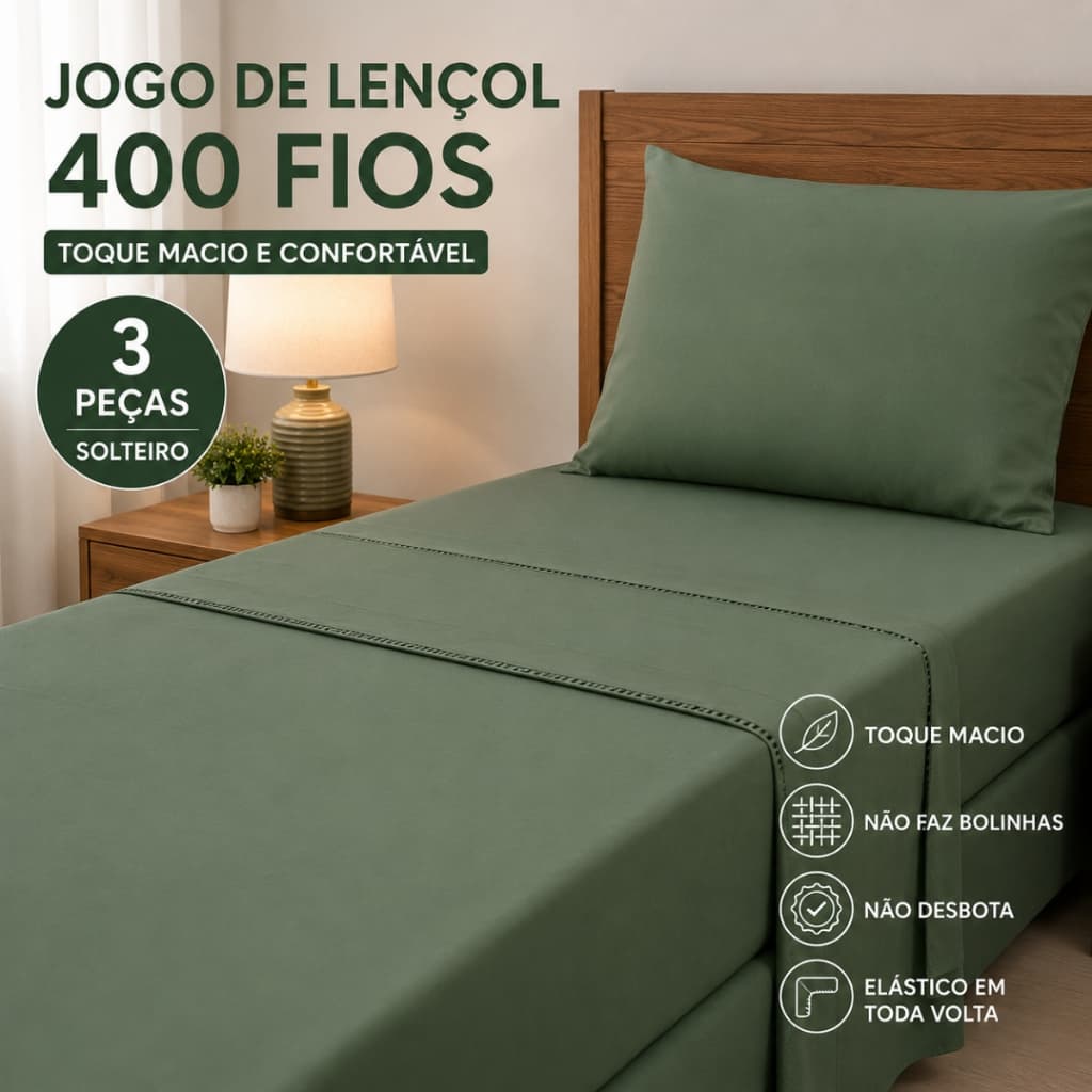 Lençol 3 Peças Solteiro Micro Percal 400 Fios Macio com Ponto Palito