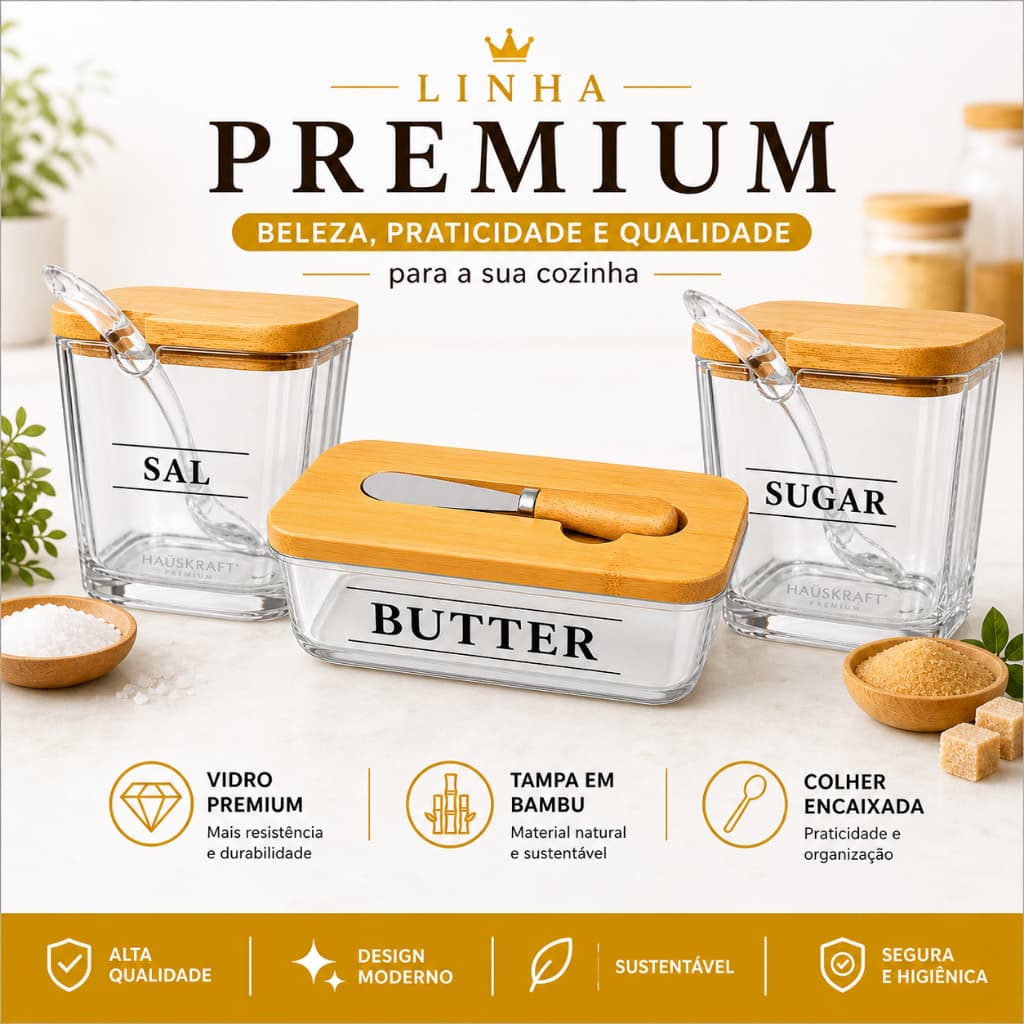 Kit manteguira Saleiro Açucareiro Galheteiro Com Colher Hauskraft Casa e Cozinha Linha Premium.