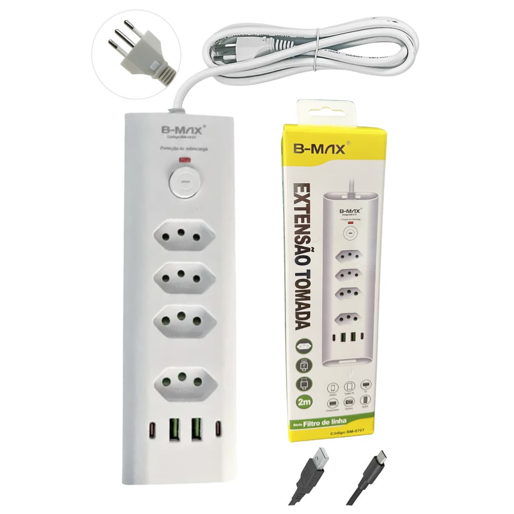 Filtro de Linha Extensão Régua 4 Tomadas  2 Tomada  20a  2 Tomada10a  2 USB-C 2 USB