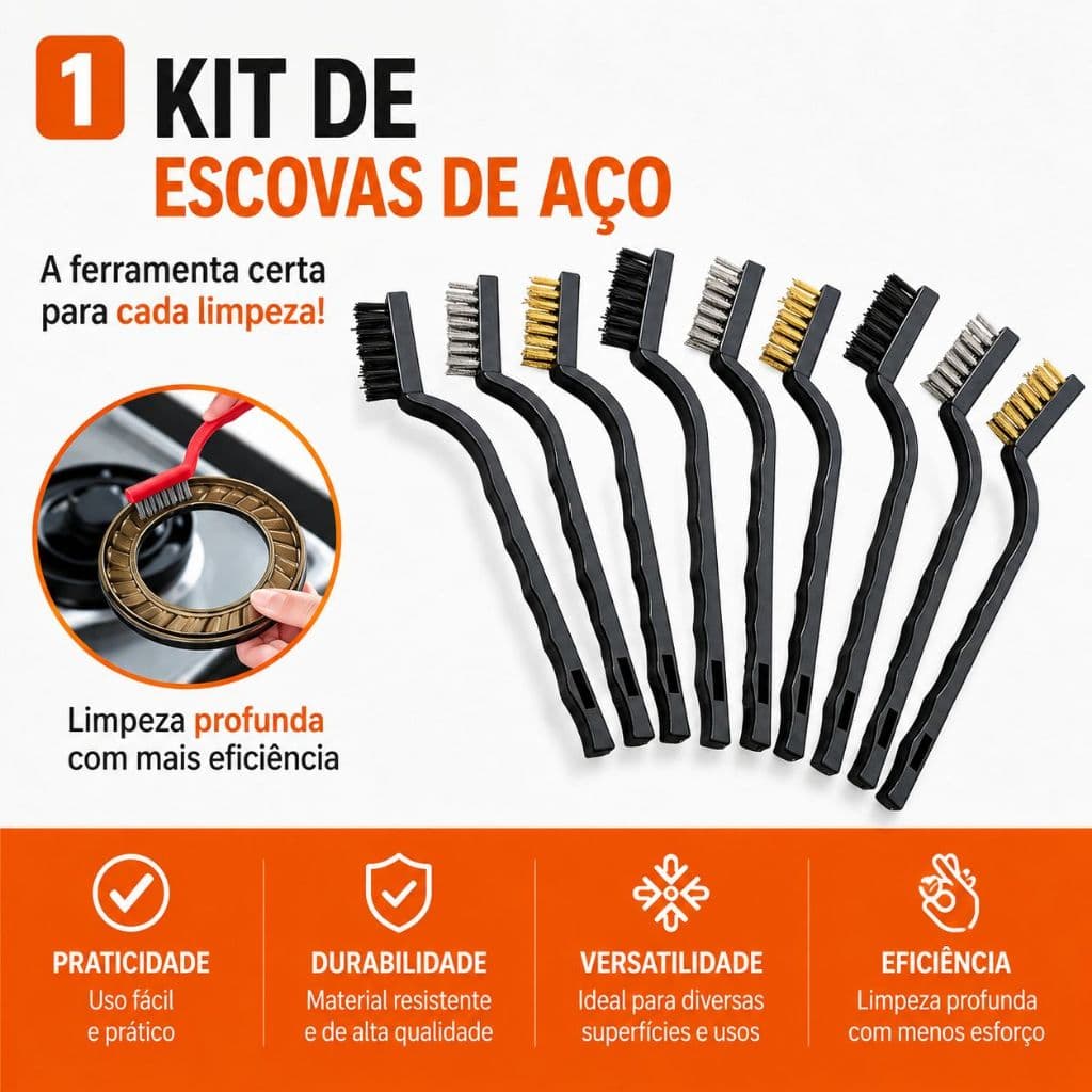 Kit 3 Escovas de Aço Multiuso Nylon Latão Limpeza leve Pesada Grelha Panela Churrasqueira Cobre Cabo