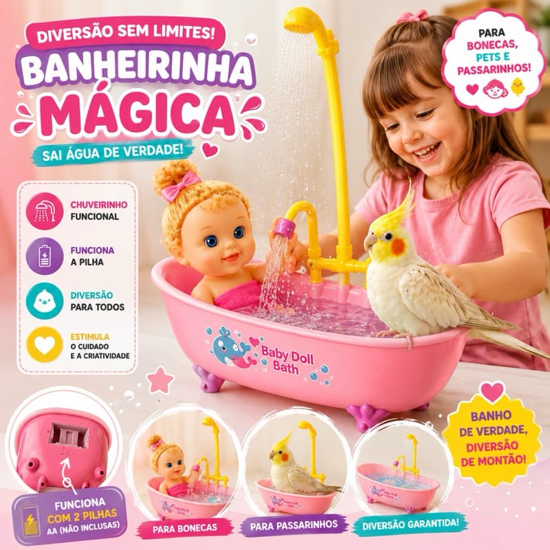 Banheira para Calopsita e Boneca com Chuveirinho – Ideal para Higiene e Diversão  Com Pilha