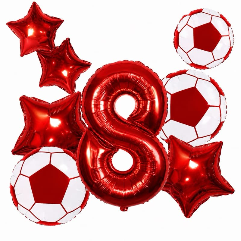 Kit 5 Balão Metalizado 2 BOLA DE FUTEBOL 22CM + 1 N° 40CM Vermelho + 2 Estrela 45cm Vermelho