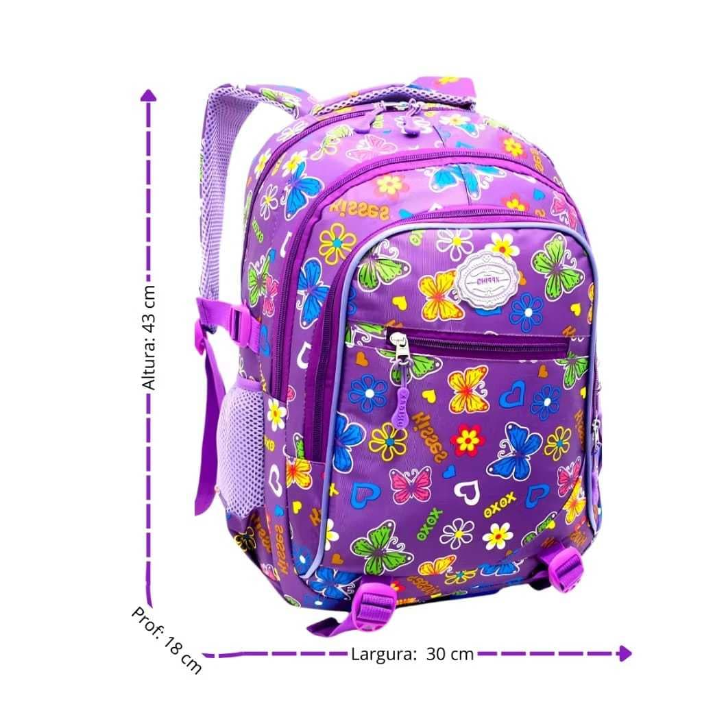 MOCHILA ESCOLAR INFANTIL JUVENIL COM ESTAMPA DE BORBOLETAS FEMENINAS