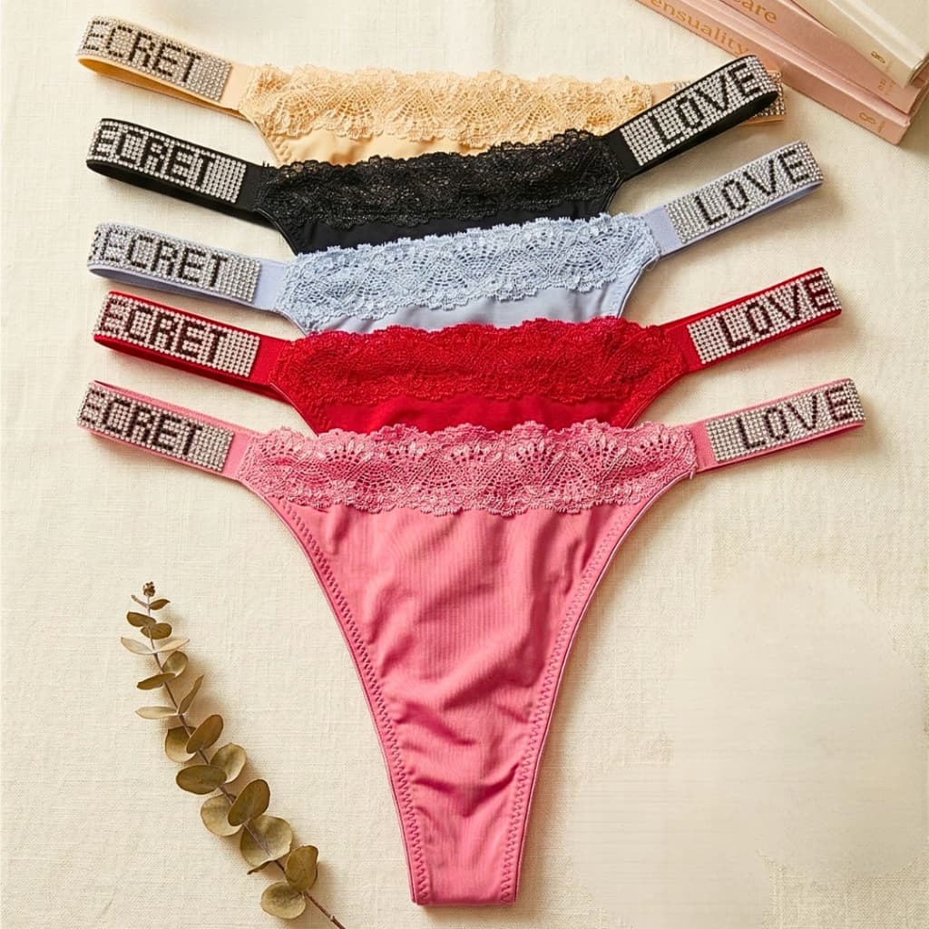 Kit C/5 Calcinha Strass Secret Love Fio Tanga Lateral Brilhante Luxo Ocasiões Especiais PROMOÇÃO