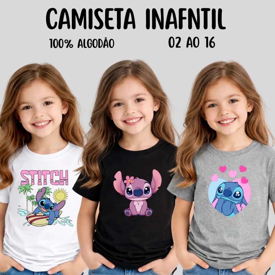 Camiseta Infantil Stitch Angel Estampada Colorida Kids 100% Algodão