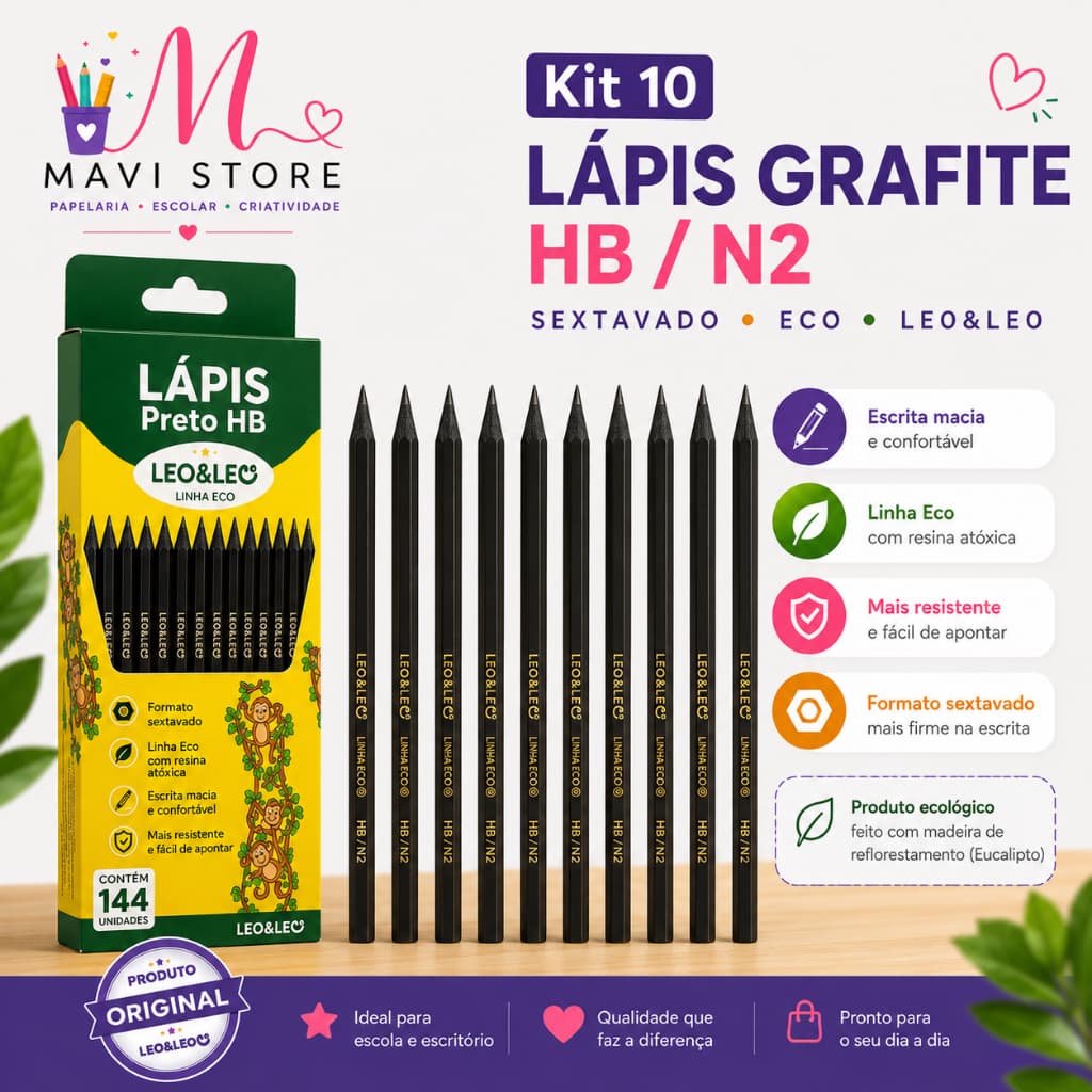 Lápis Grafite kit com 10 unidades HB Nº2 Preto Sextavado Leo&Leo Linha Eco