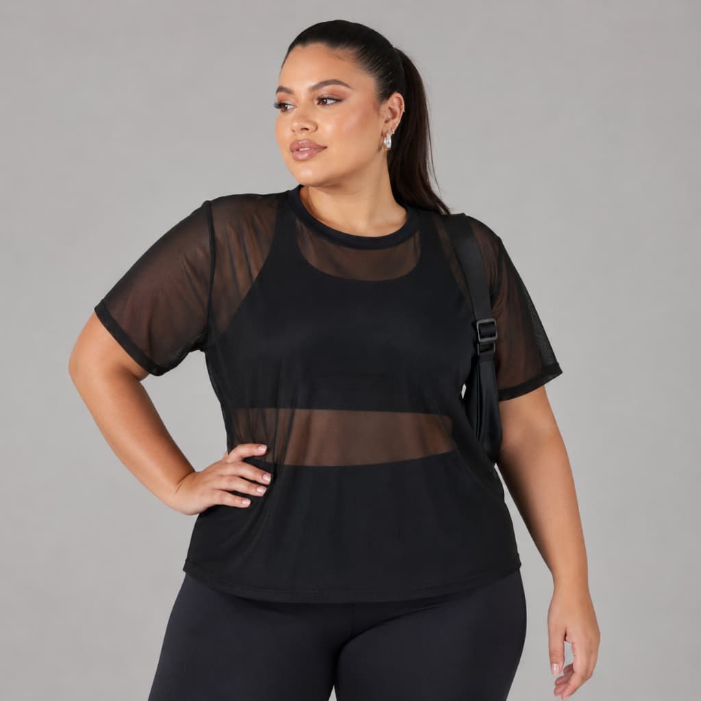 Blusa Tule Transparente Feminina Plus Size Preta Moda Blogueira Elegante Manga Curta