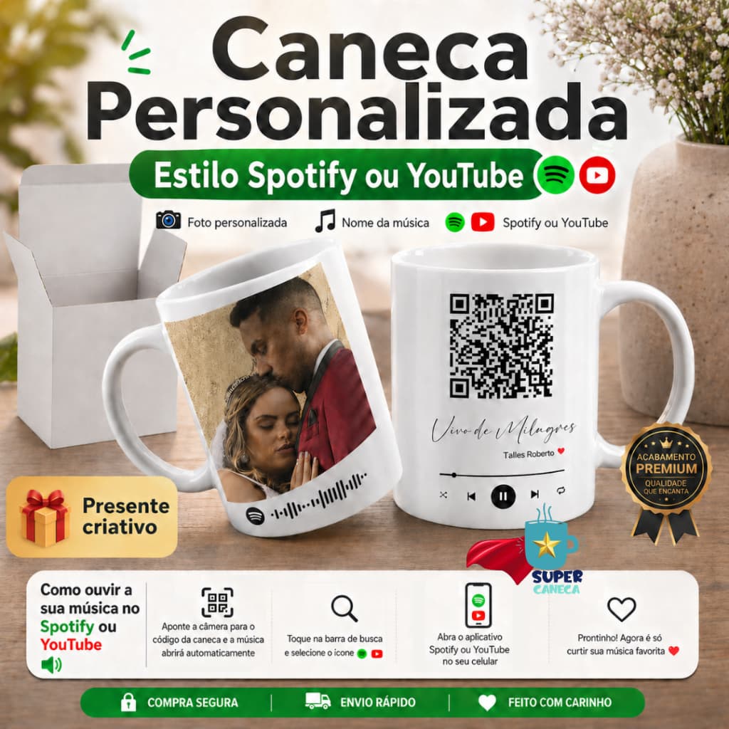 Caneca Personalizada Spotify com Foto e Música QR Code 325ml Presente Criativo