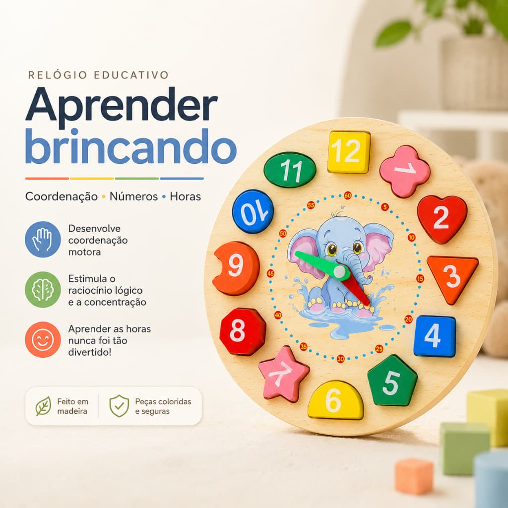 Quebra-cabeça Relógio Brinquedo Educativo Pedagógico Educativo Para Bebês e Crianças oferta 6.6