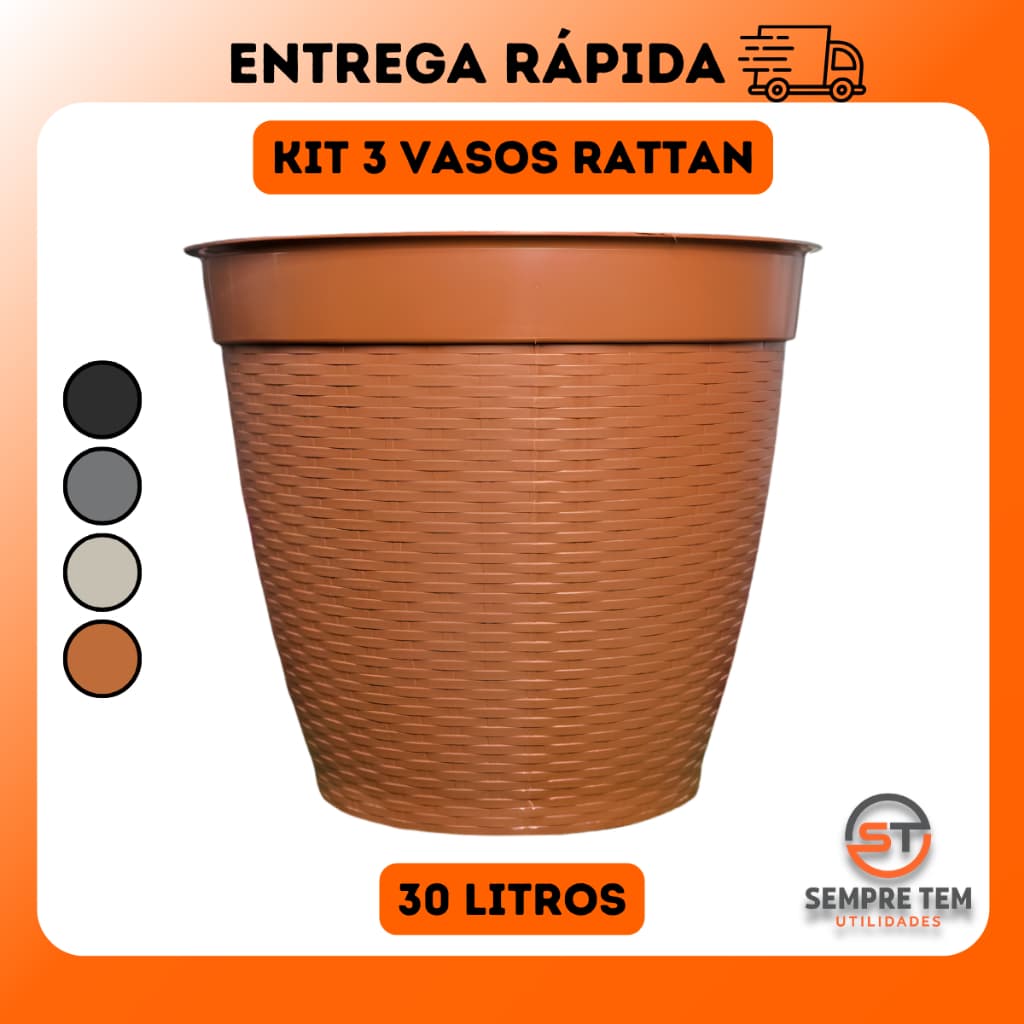 Vaso 30 Litros Redondo Grande Decorativo Rattan Plástico Reforçado Plantas Frutas Arvores Jardim 30L