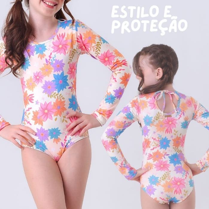 Maiô Manga Longa Infantil Menina OFERTA I Proteção UV50+ I Forrado I Confortável e Seguro para Praia e Piscina