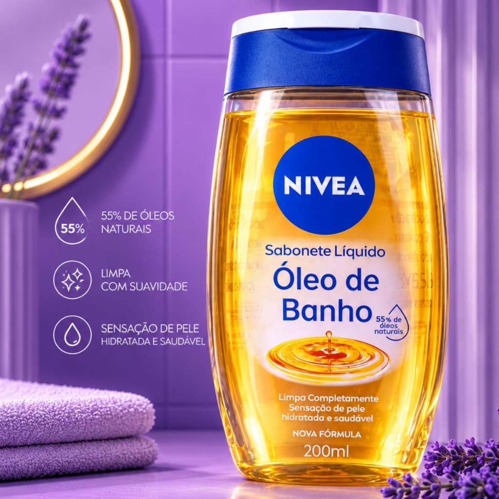 SABONETE LÍQUIDO ÓLEO DE BANHO 200ML - NIVEA 55% ÓLEOS NATURAIS.