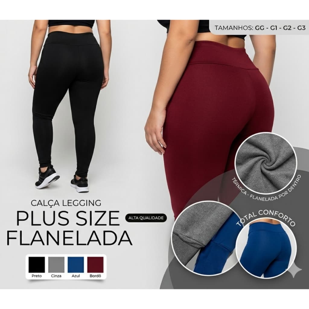 Calça Legging Flanelada Termica Plus Size Feminina GG ao G3 Cintura Alta Zero Transparência