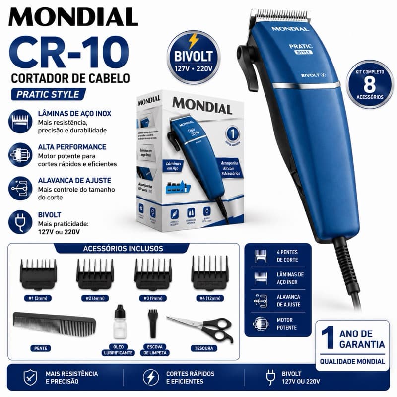 Máquina de Cortar Cabelo e Barba Mondial Pratic Style CR-10 Bivolt 127V e 220V Aparador Corpo Multifuncional