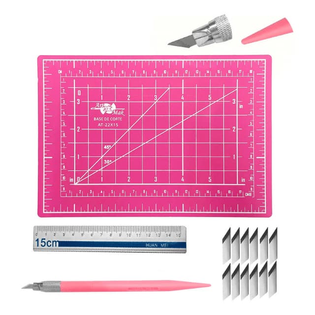 Kit Base de Corte A5 22x15 cm Corte Cores Com Régua, Estilete de Precisão e 12 Laminas