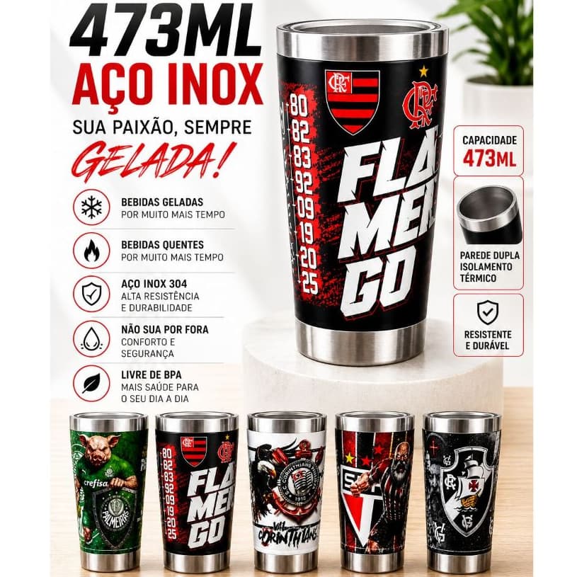 Copo Térmico 473ml Personalizado Times Grande - Tampa e Abridor Integrado Tema Exclusivo