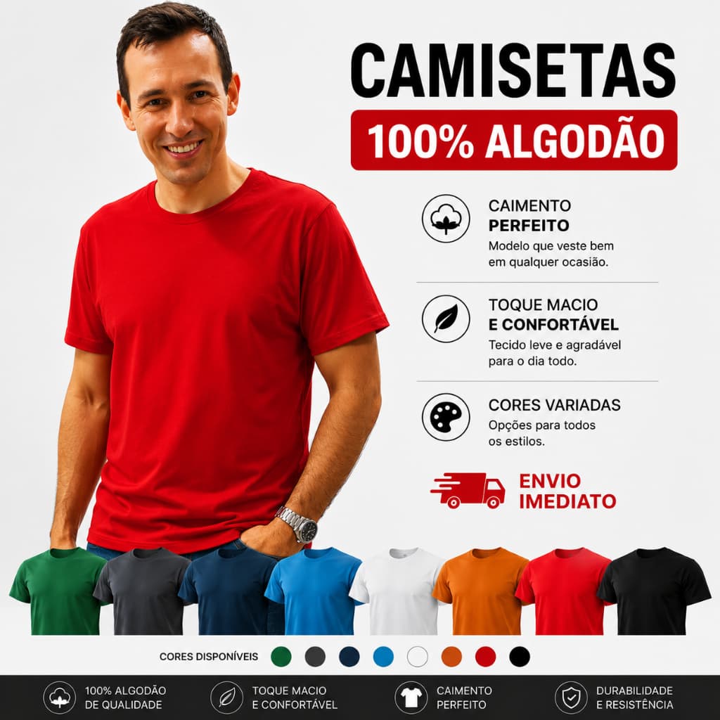 kit com 5 Camisetas Masculinas 100% Algodão - Conforto, Estilo e Qualidade em Cores Variadas!