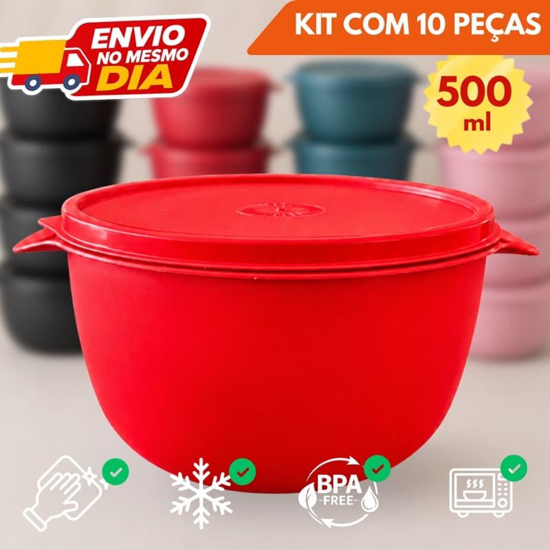 Kit 10 Bowl Plástico 500ml com Tampa Marmita Cozinha Freezer e Lava Louça Livre de BPA