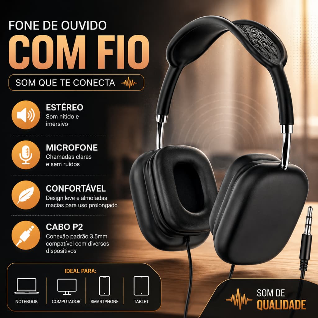 Fone de Ouvido com Fio Estéreo Microfone LEF 1079 Extra Bass Música Reuniões Home Office