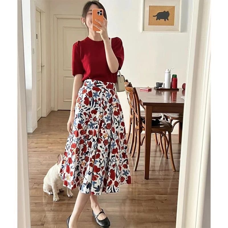 Saia floral estilo pintura a óleo retrô francesa, modelagem evasê midi de cintura alta, design elegante que emagrece