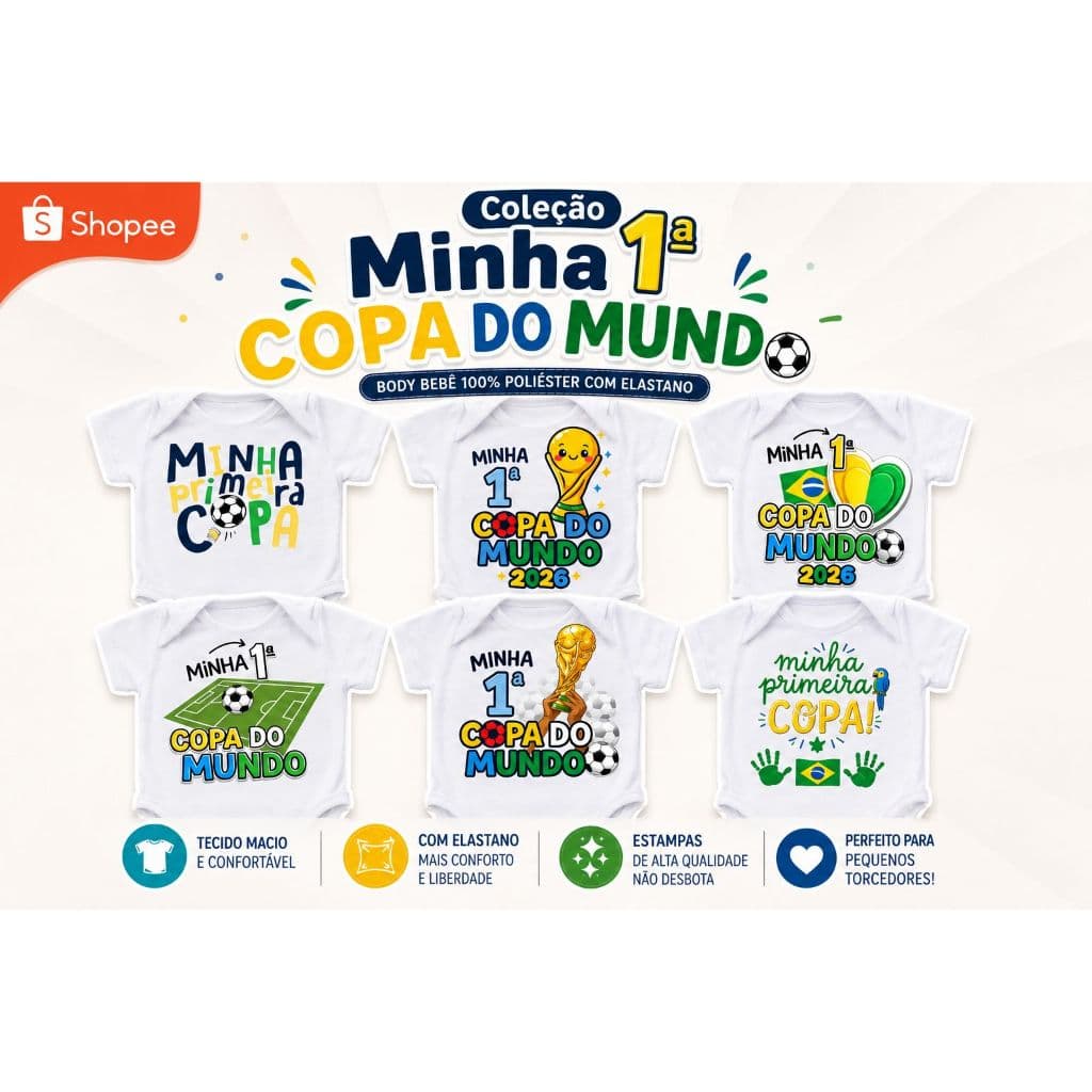 Body Bebê Temático Primeira Copa 2026 Infantil Futebol Brasil