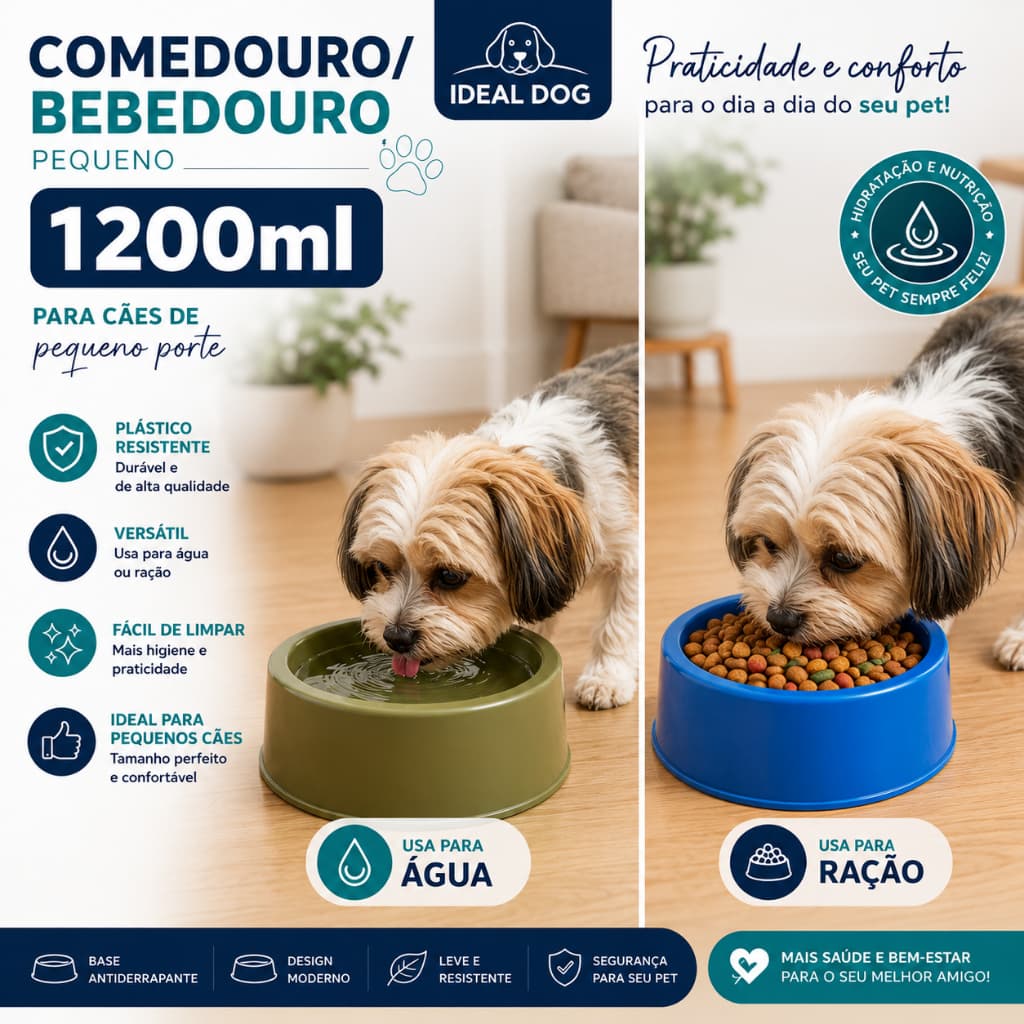 Comedouro/Bebedouro Pequeno 1200ml para Cães – Plástico Resistente Ideal Dog