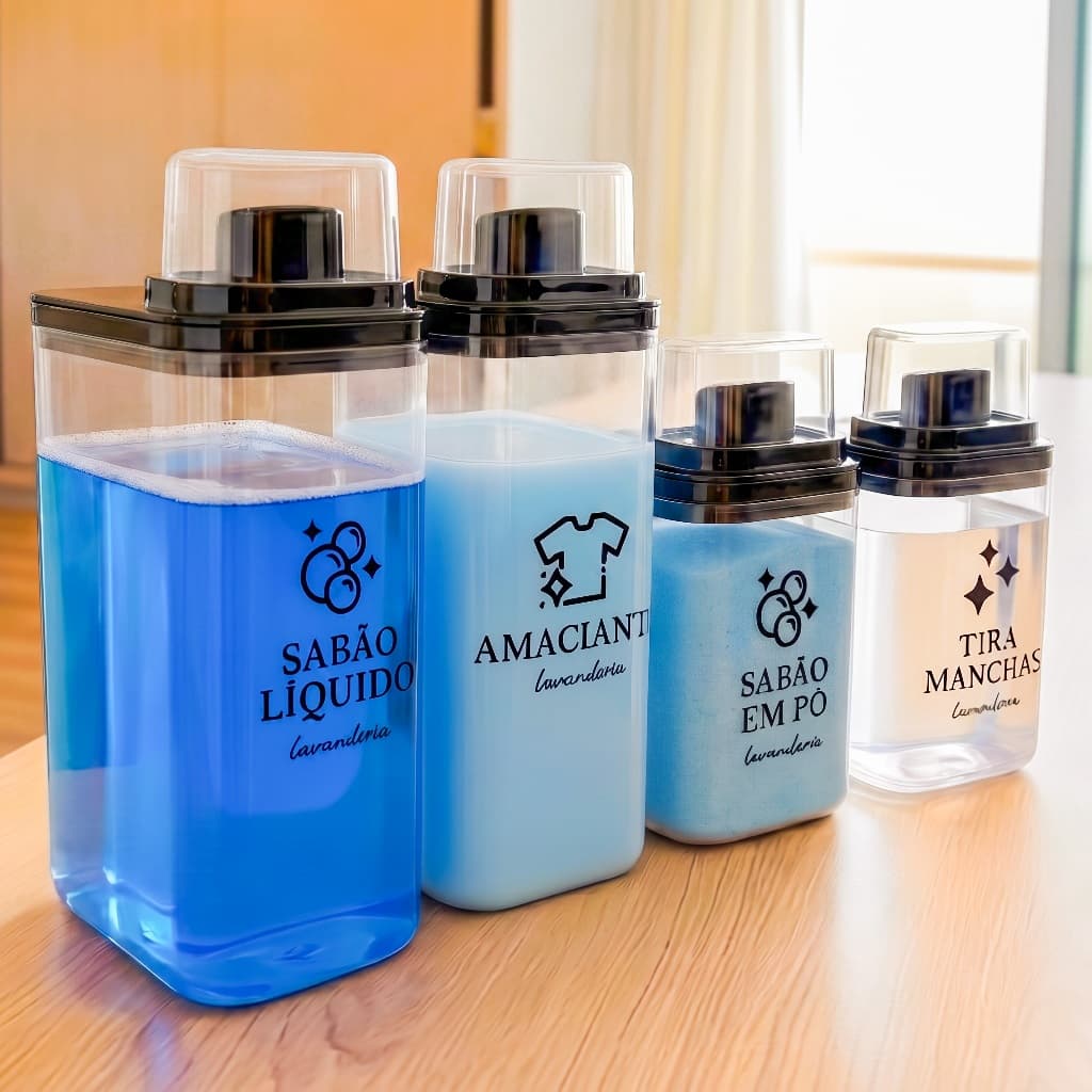 Dispensers Lavanderia Preto 1,5L e 2,3L - Amaciante, Sabão em Pó, Sabão Líquido, Tira Manchas | Kit/Individual