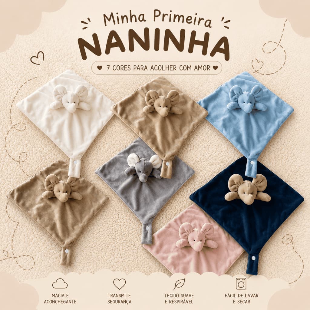 Naninha Bichinhos Bebe em Plush Prendedor Chupeta Elefante Rosa Azul Marinho Cinza Marfim Bege
