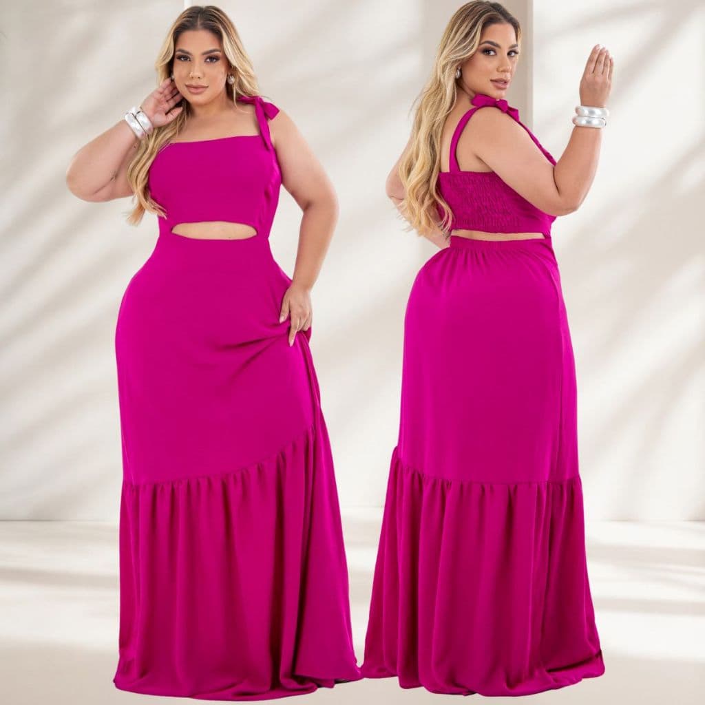 Vestido Longo Plus Size soltinho alça de amarrar com recorte na cintura lastex nas costas e 1 maria moda casual elegante