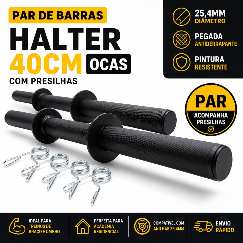 Par Barra Halter 40 cm 25,4mm Com Presilhas Academia Musculação