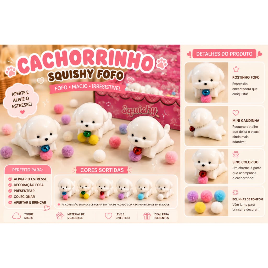 Cachorrinho Squishy Fofinho Com Sino e Pompom Anti Stress