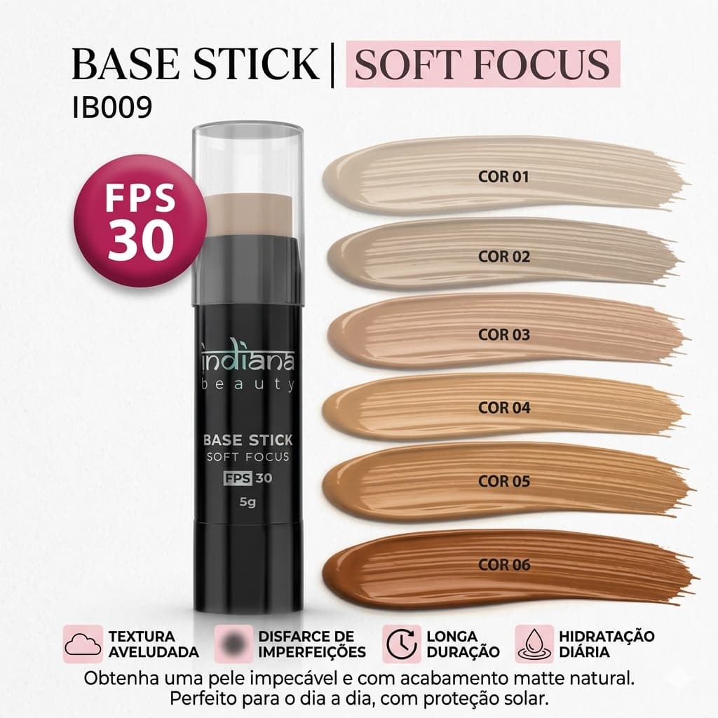 Base Stick Indiana Beauty FPS 30 Cobertura Natural Praticidade Proteção Solar Hidratação 6 Cores 5g