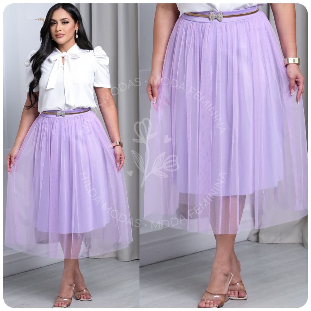 Saia Tule Midi Lisa Básica Elegante Forrada Lisa Moda evangélica Fardamento Festividade Congresso