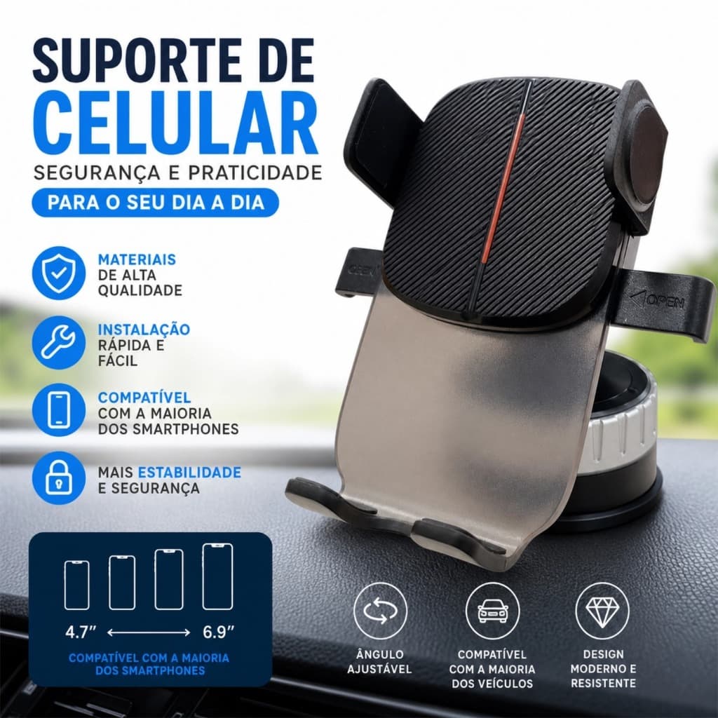 Suporte Celular Carro Veicular com ventosa de siliconeTrava Automática Anti Queda ajustável-HY-R66