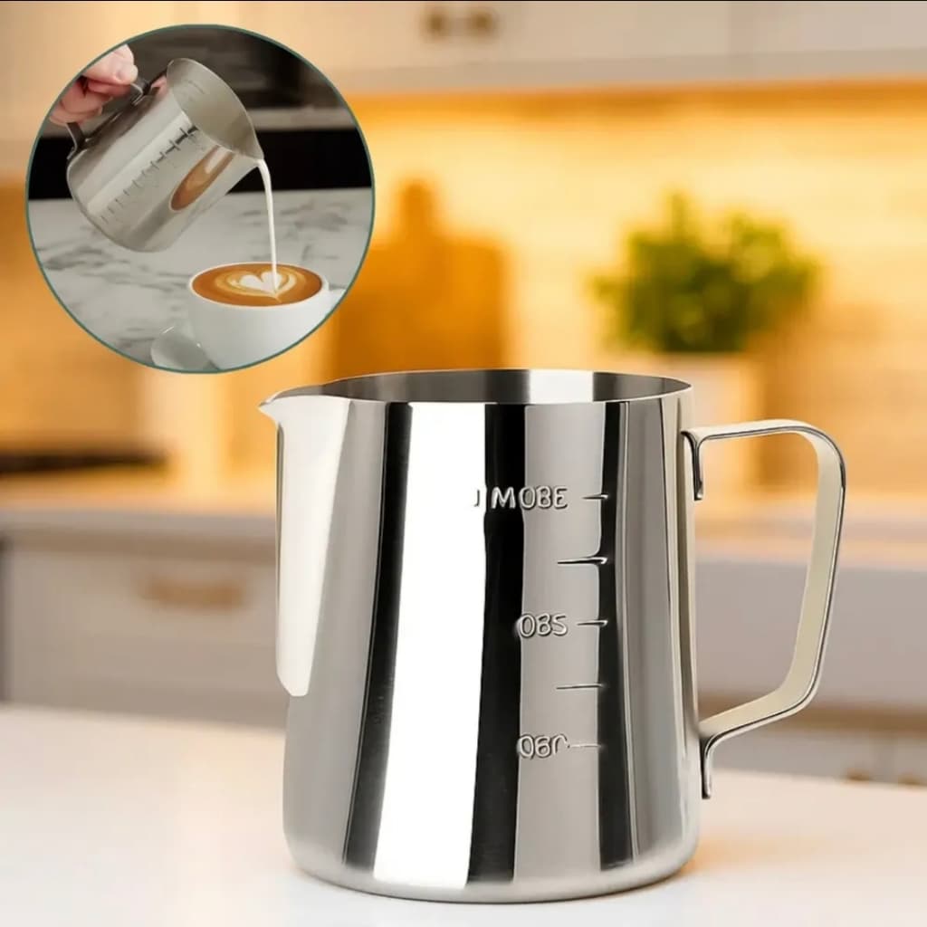 Jarra Aço Inox Barista Caneca Multifuncional 600ml Medidor Café Leite Cappuccino