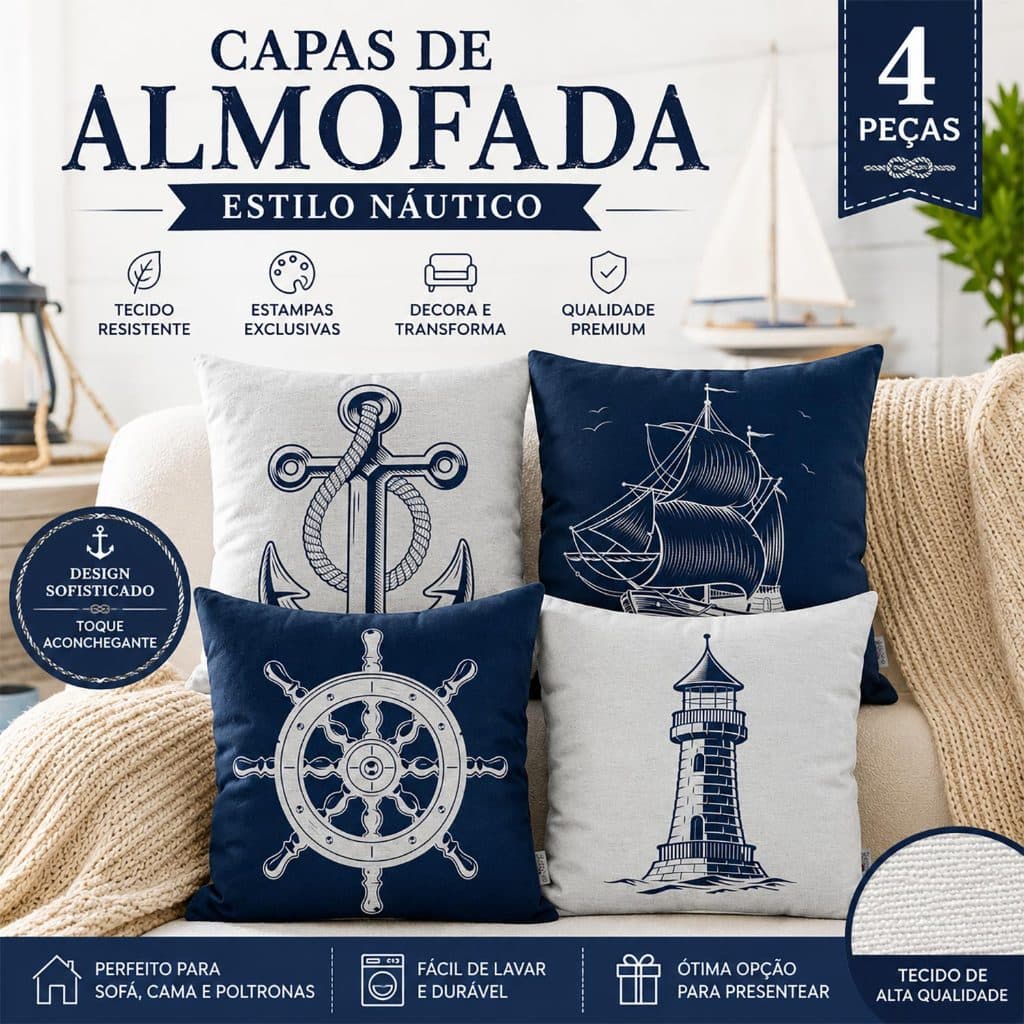 Kit 4 Capas de Almofadas Para Sofá Azul Náuticas Decorativas 40x40 - Novadecora