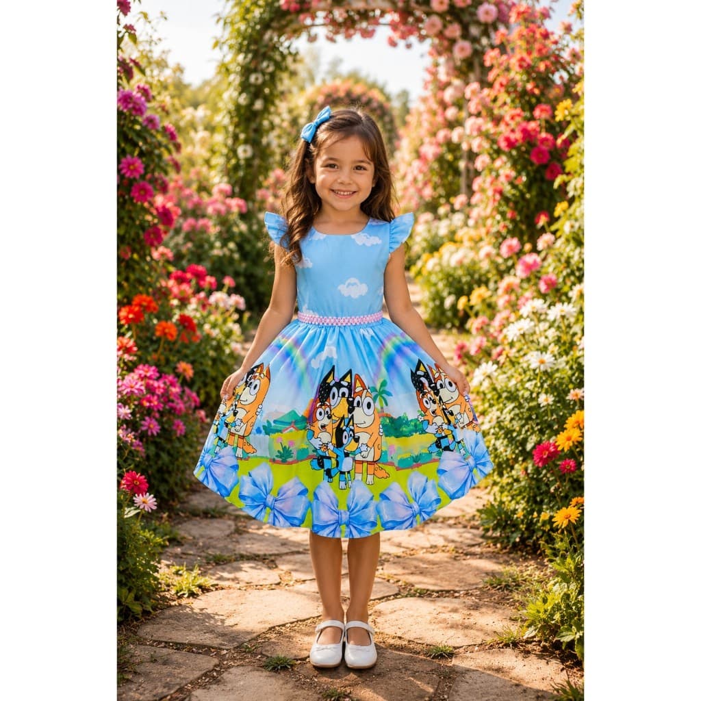 Vestido Blue Infantil Azul Arco-íris Festa Aniversário Temático Menina de 1 a 8 Anos