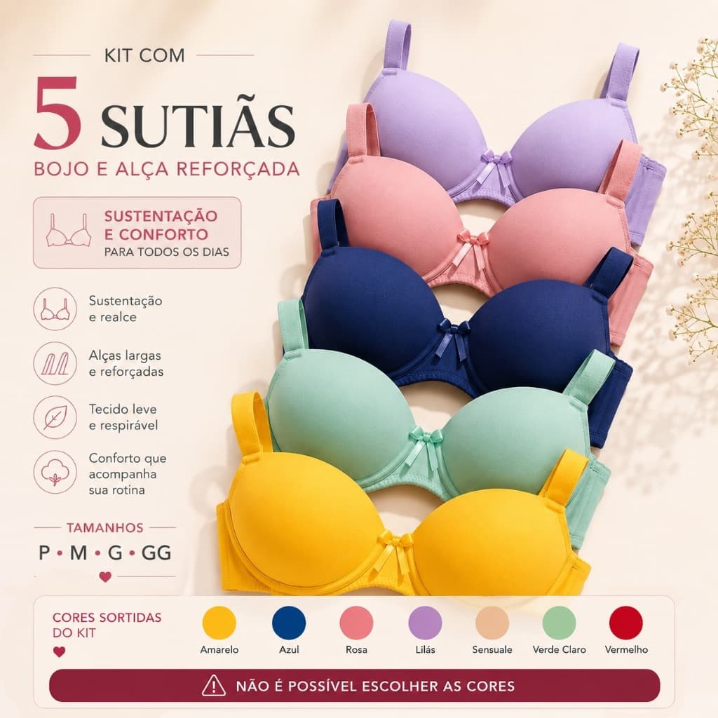 Kit 5 Sutiãs Com Bojo Alça Reforçada, Kit Sutien Reforçado