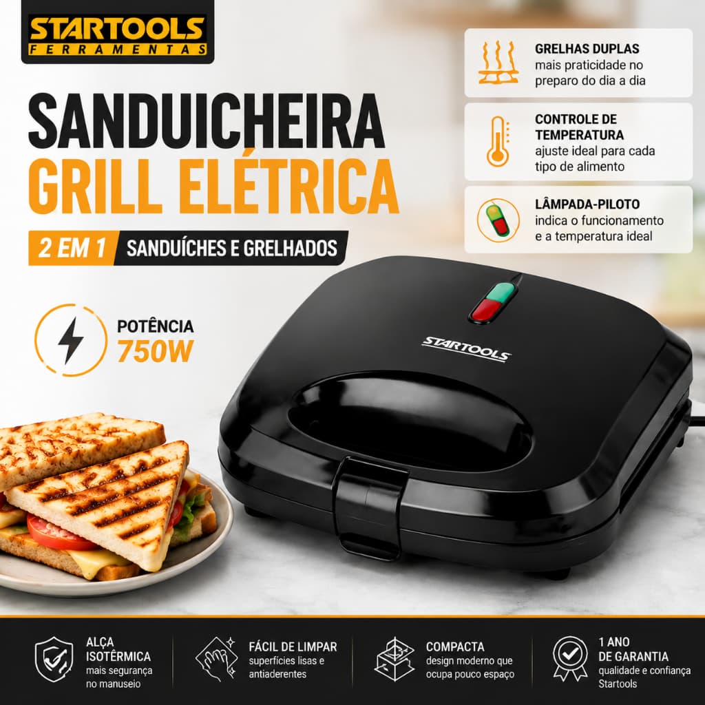 Sanduicheira Grill Startools Preta 127V Preta Elétrica 750w Ultra Rápido, e Outros Petiscos