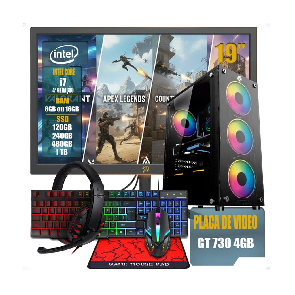 PC Gamer Completo Intel Core i7 + Monitor 19" + Kit Periféricos 4 em 1 (Teclado, Mouse, Headset) SSD High Speed
