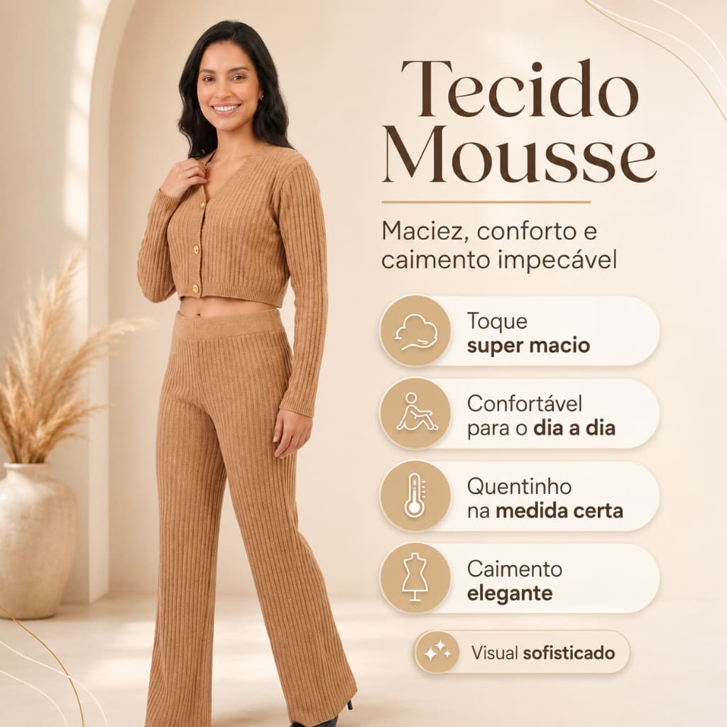 Conjunto Feminino Tecido Mousse Canelado Calça Pantalona Casaco Cropped Elegante